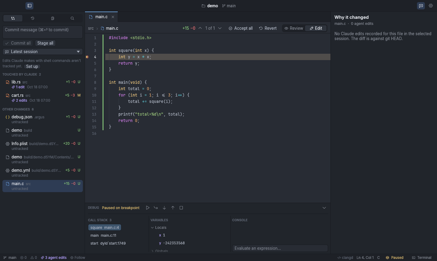 The built-in debugger paused on a breakpoint, showing the call stack and variables.